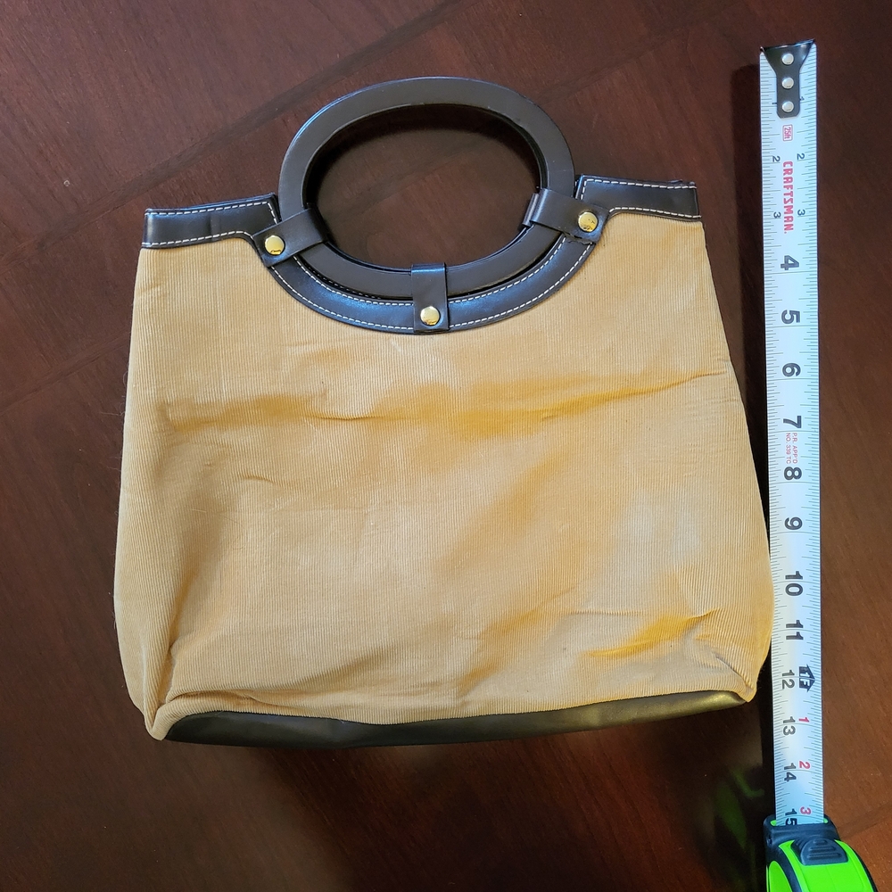 Stylish Tan Corduroy and Rich Dark Brown Accented Faux Leather Women's Hand Bag